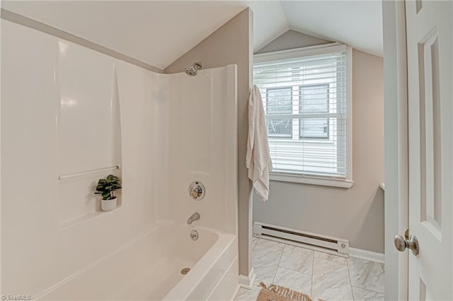 bathroom with baseboard heating, vaulted ceiling, shower / bath combination, marble look tiles, and baseboards