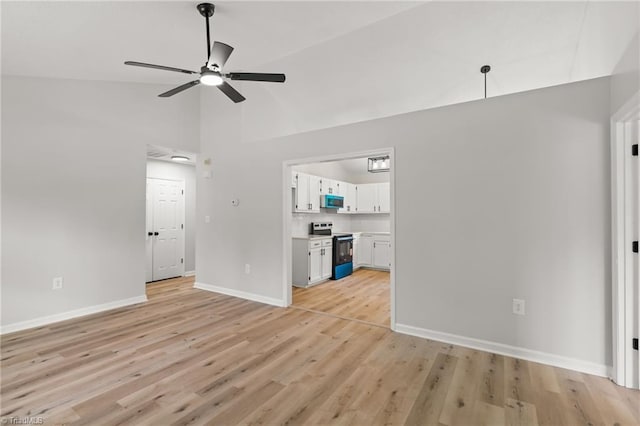 unfurnished living room featuring high vaulted ceiling, ceiling fan, baseboards, and light wood-style flooring