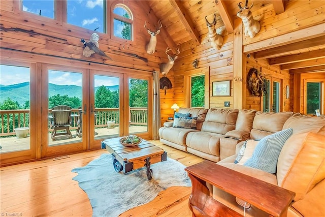 living area featuring wooden ceiling, wood walls, beam ceiling, and hardwood / wood-style floors