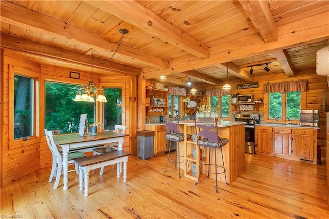 kitchen with wooden ceiling, wood walls, light countertops, appliances with stainless steel finishes, and light wood finished floors