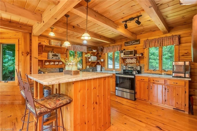 kitchen featuring appliances with stainless steel finishes, wooden ceiling, wooden walls, and open shelves