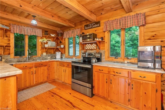 kitchen with open shelves, stainless steel appliances, light countertops, a sink, and wooden ceiling