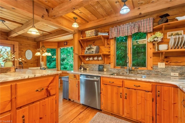 kitchen with beam ceiling, open shelves, stainless steel dishwasher, a sink, and light wood-type flooring