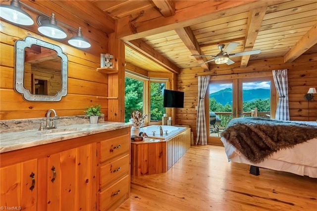 full bath featuring wood walls, wooden ceiling, wood finished floors, and a washtub