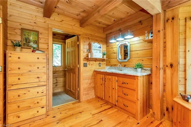 bathroom with wood ceiling, beamed ceiling, wooden walls, and wood finished floors