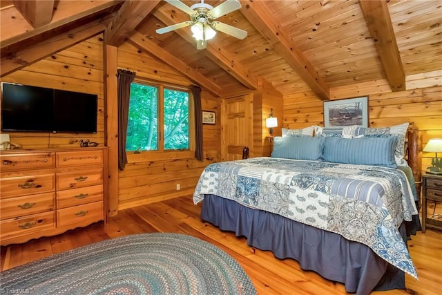 bedroom with lofted ceiling with beams, wood ceiling, wooden walls, and wood finished floors