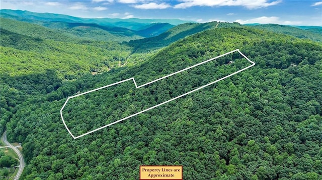 aerial view featuring a forest view and a mountain view