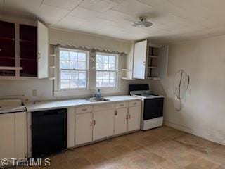 kitchen featuring black dishwasher, open shelves, white cabinetry, a sink, and range with electric cooktop