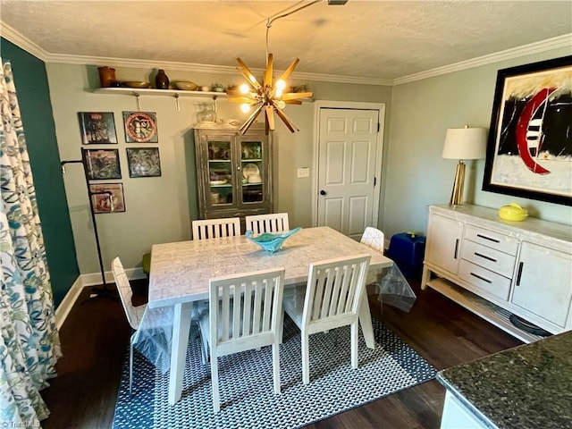 dining space featuring a notable chandelier, crown molding, and dark hardwood / wood-style floors