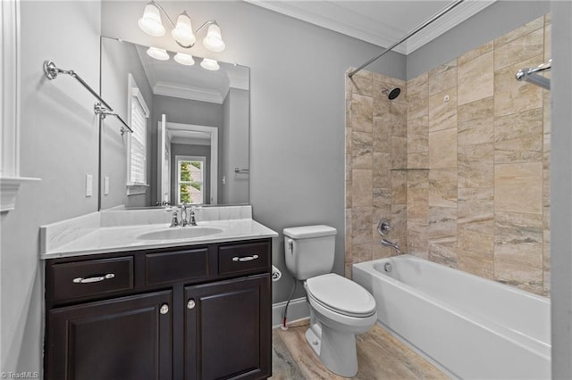 full bath with toilet, vanity, baseboards, shower / bathing tub combination, and crown molding