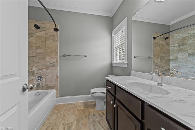 full bathroom with toilet, baseboards, crown molding, and vanity