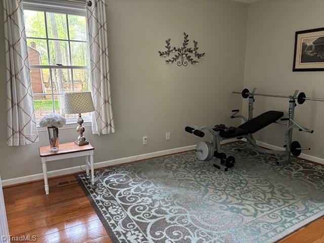 exercise area with baseboards, wood finished floors, and a wealth of natural light