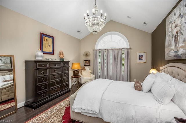 bedroom featuring vaulted ceiling, dark wood finished floors, visible vents, and a chandelier