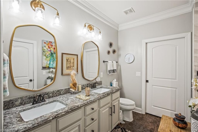 full bathroom featuring ornamental molding, visible vents, a sink, and double vanity