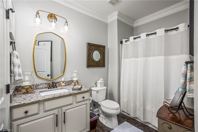 bathroom featuring visible vents, a shower with shower curtain, toilet, ornamental molding, and vanity