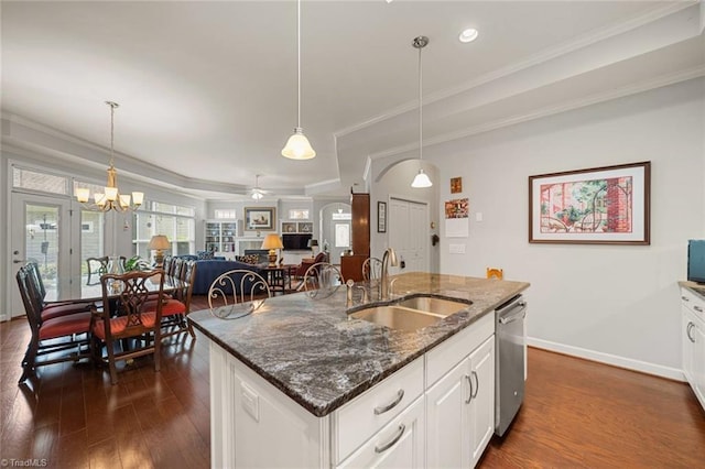 5905 Knowledge Dr, Clemmons, NC 27012 - kitchen with a sink, stainless steel dishwasher, dark wood finished floors, a ceiling fan, and baseboards