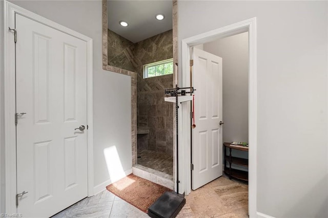 5905 Knowledge Dr, Clemmons, NC 27012 - bathroom featuring walk in shower, baseboards, and recessed lighting
