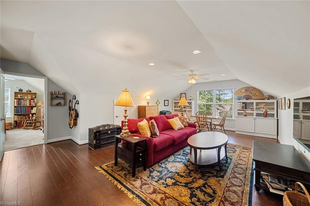 5905 Knowledge Dr, Clemmons, NC 27012 - living area with lofted ceiling, wood finished floors, a ceiling fan, baseboards, and recessed lighting
