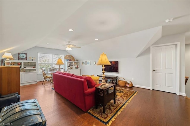5905 Knowledge Dr, Clemmons, NC 27012 - living room with lofted ceiling, hardwood / wood-style flooring, a ceiling fan, baseboards, and recessed lighting