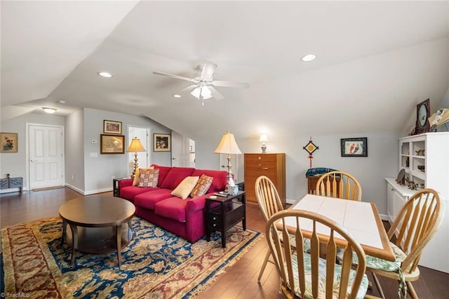 5905 Knowledge Dr, Clemmons, NC 27012 - living room with vaulted ceiling, wood finished floors, ceiling fan, recessed lighting, and baseboards
