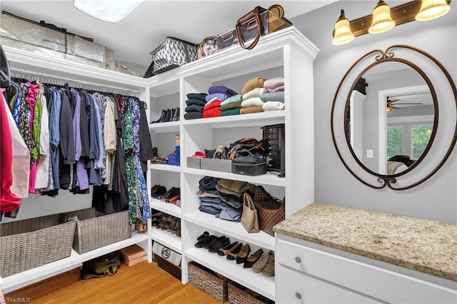 walk in closet featuring wood finished floors and a ceiling fan