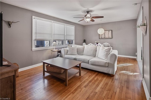 living room with ceiling fan and light hardwood / wood-style flooring