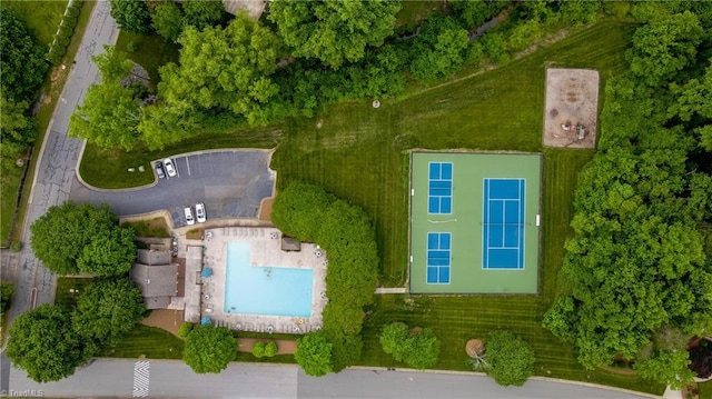 1005 Fallbrook Ln, Lewisville, NC 27023 - aerial view of property and surrounding area featuring a pool