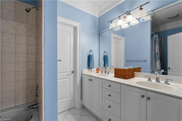 344 Lake Point Ln, Belews Creek, NC 27009 - bathroom with crown molding, double vanity, shower / bath combo, and tile patterned flooring