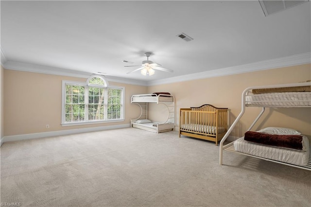 344 Lake Point Ln, Belews Creek, NC 27009 - bedroom featuring ornamental molding, carpet flooring, ceiling fan, and baseboards