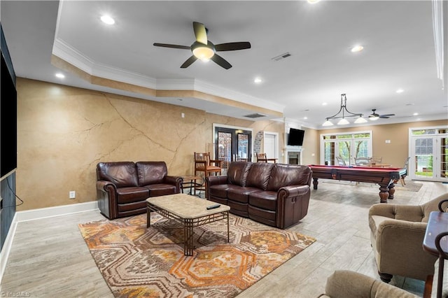 344 Lake Point Ln, Belews Creek, NC 27009 - living room featuring a ceiling fan, billiards table, recessed lighting, light wood finished floors, and crown molding