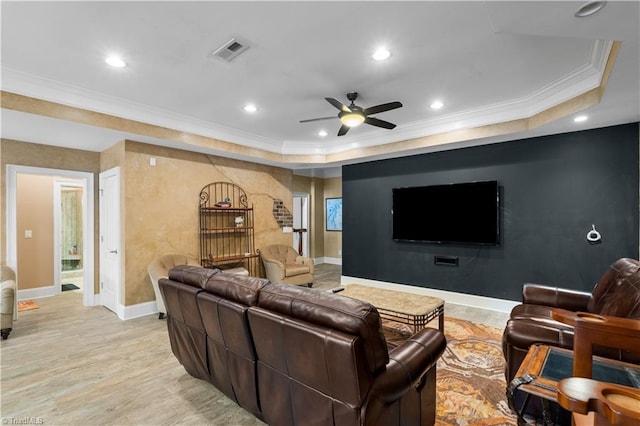344 Lake Point Ln, Belews Creek, NC 27009 - living room featuring crown molding, recessed lighting, a ceiling fan, light wood-style floors, and a tray ceiling