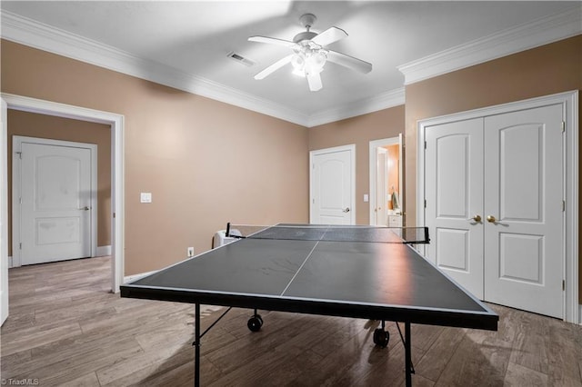 344 Lake Point Ln, Belews Creek, NC 27009 - playroom featuring ornamental molding, ceiling fan, light wood-style floors, and baseboards