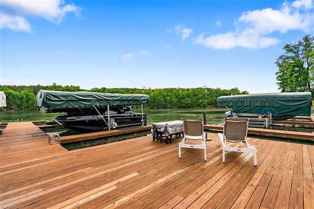 344 Lake Point Ln, Belews Creek, NC 27009 - deck featuring a boat dock and boat lift