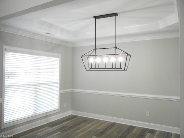 715 Cannonade Dr, Whitsett, NC 27377 - unfurnished dining area featuring crown molding, a chandelier, and dark wood-style floors