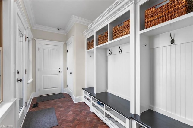 mudroom featuring crown molding