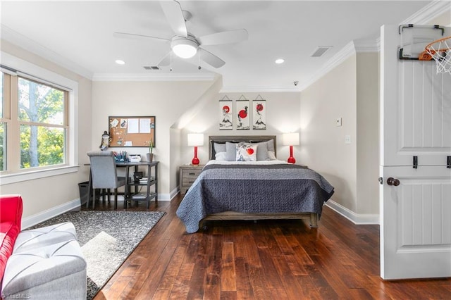 bedroom with ceiling fan, dark hardwood / wood-style flooring, and crown molding