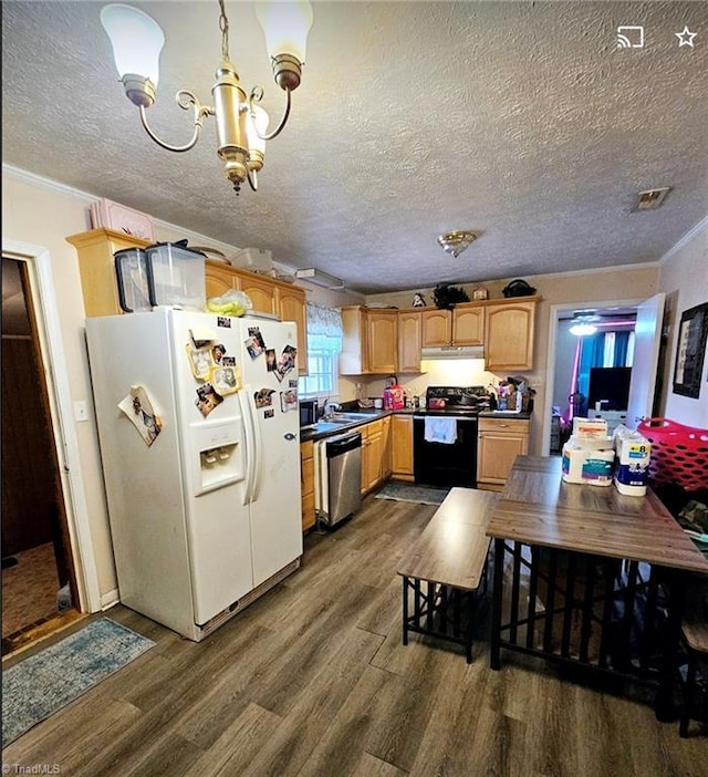 kitchen with black electric range oven, decorative light fixtures, stainless steel dishwasher, dark hardwood / wood-style floors, and white refrigerator with ice dispenser