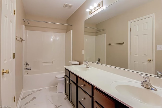 5430 Strasburg Dr, Greensboro, NC 27407 - full bath with double vanity, marble look tile flooring, toilet, shower / washtub combination, and baseboards