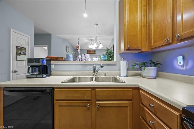 1380 Heritage Pointe Dr Unit 310, Winston-Salem, NC 27127 - kitchen with dishwasher, light countertops, brown cabinetry, a chandelier, and lofted ceiling