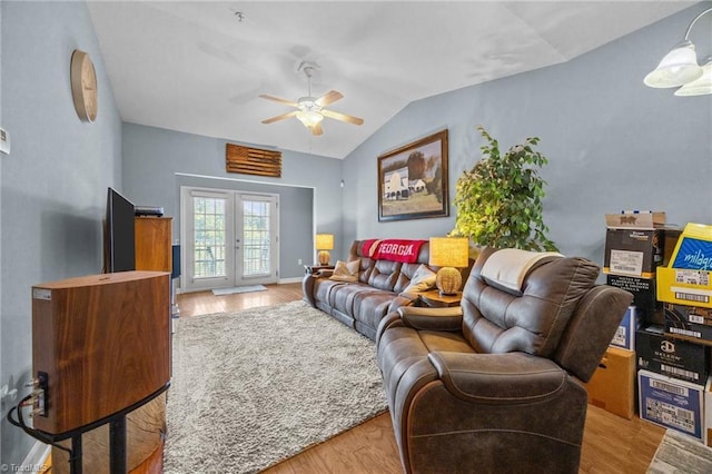 1380 Heritage Pointe Dr Unit 310, Winston-Salem, NC 27127 - living room featuring french doors, a ceiling fan, vaulted ceiling, and wood finished floors