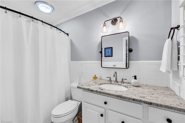 3480 York Rd, Winston-Salem, NC 27104 - bathroom with vanity, toilet, tile walls, wainscoting, and a shower with curtain