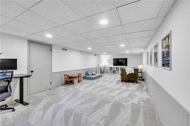 3480 York Rd, Winston-Salem, NC 27104 - living area featuring carpet, a wainscoted wall, a drop ceiling, and recessed lighting