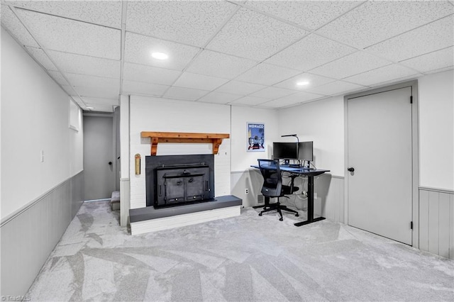 3480 York Rd, Winston-Salem, NC 27104 - office space with a fireplace with raised hearth, carpet floors, a drop ceiling, a wainscoted wall, and recessed lighting