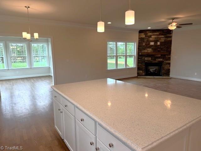 7607 Valhalla Way Lot 20, Greensboro, NC 27409 - kitchen with a center island, wood finished floors, ornamental molding, and open floor plan
