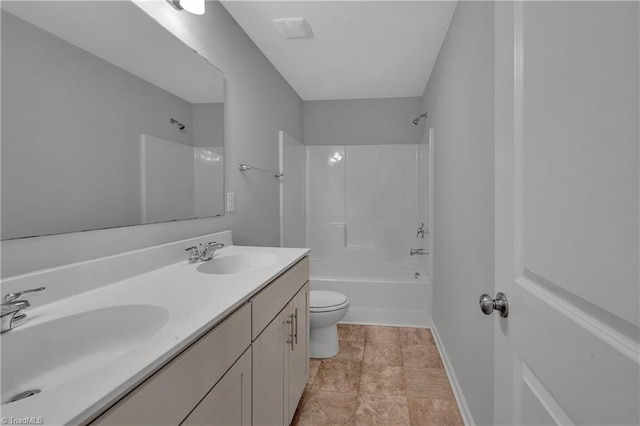 full bathroom featuring vanity, toilet, and washtub / shower combination