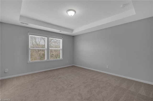 unfurnished room featuring a tray ceiling and carpet