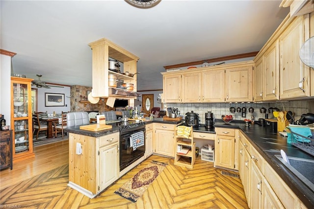 1973 Old Mountain Rd, Thomasville, NC 27360 - kitchen featuring black range with electric stovetop, dark countertops, light brown cabinets, a peninsula, and backsplash