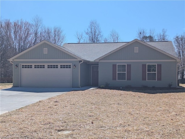 ranch-style house with an attached garage, concrete driveway, and roof with shingles