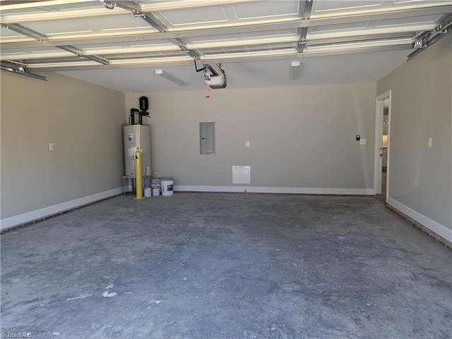 garage with electric panel, electric water heater, a garage door opener, and baseboards