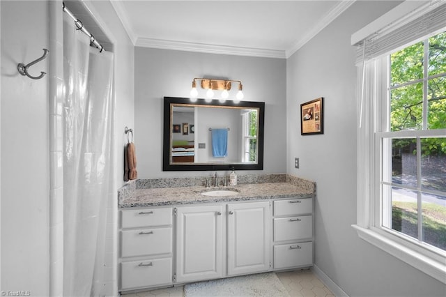4105 Waldenbrook Rd, Greensboro, NC 27407 - full bath with baseboards, crown molding, vanity, and a shower with shower curtain